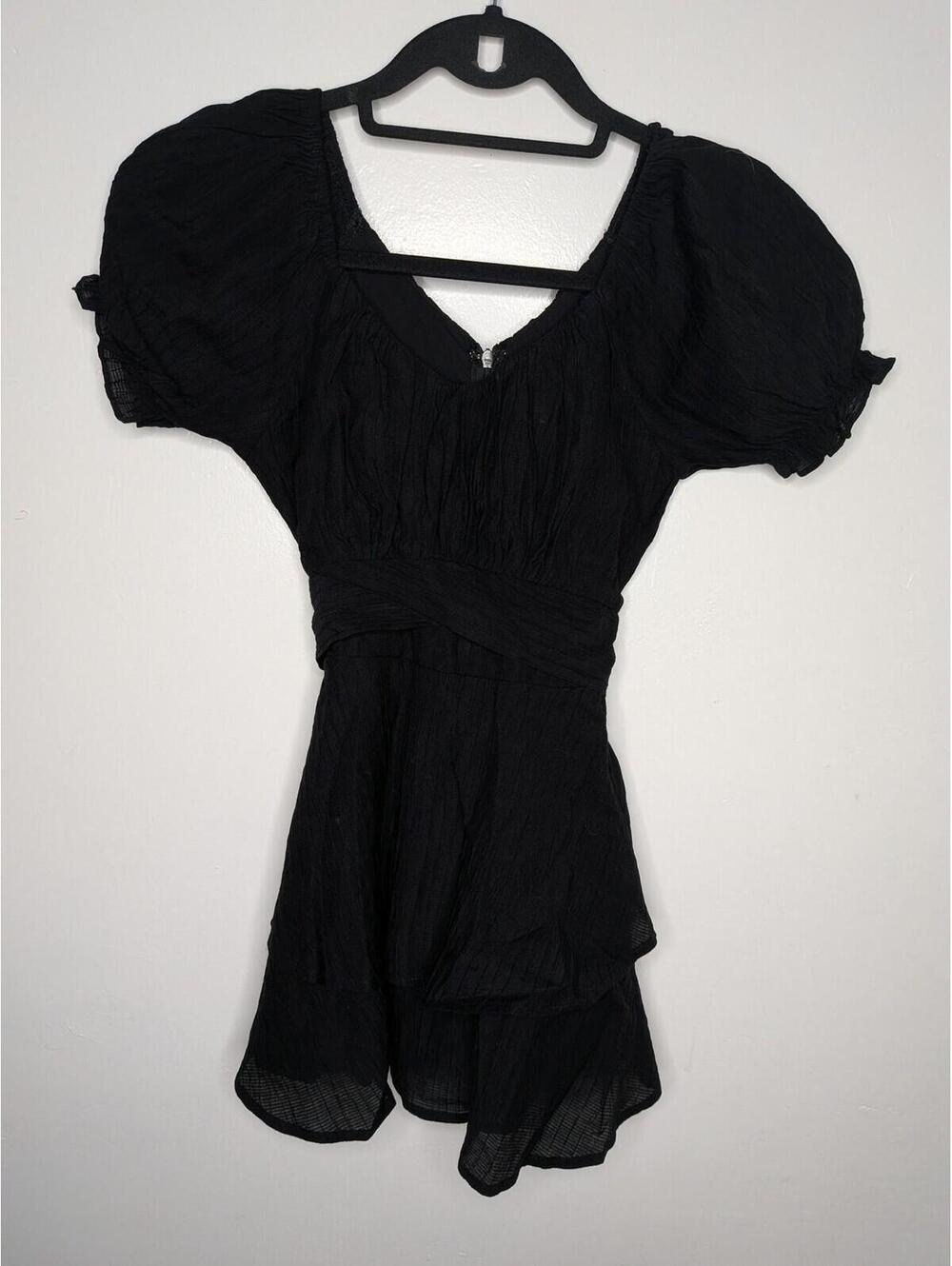 KATIEJ NYC Dress Girls M Black Gauze Puff Sleeve Fit & Flare Belted Ruffle Hem